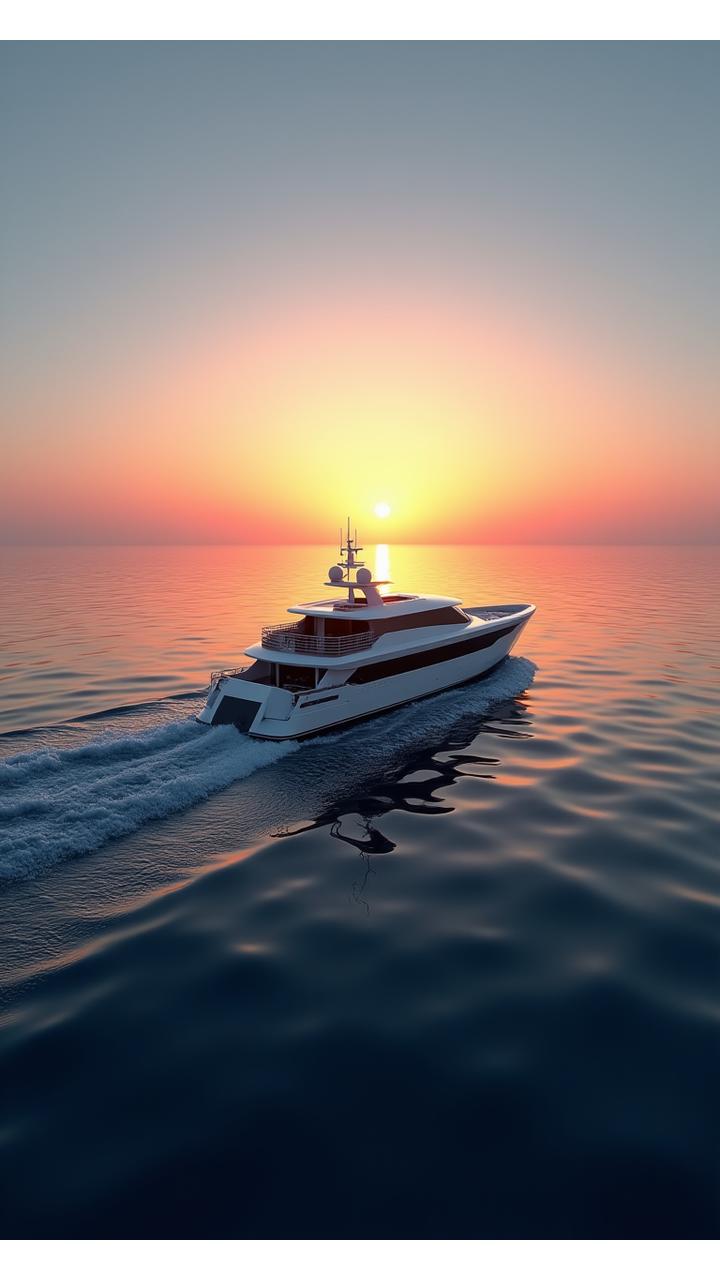 雄大な夕日と海を背景に航海する調査船(モバイル用)