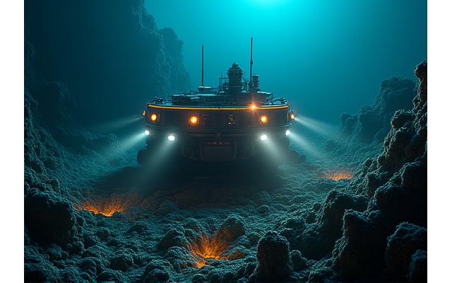 深海での熱水噴出孔を調査する最新鋭の有索式無人探査機(ROV)、鮮やかな光を発し、周辺に深海生物の一部が見える